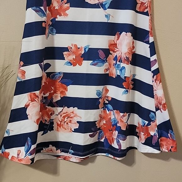 PINK & VIOLET FLORAL SKATER DRESS WITH NAVY BLUE AND WHITE STRIPES, SIZE 6 - Picture 3 of 5
